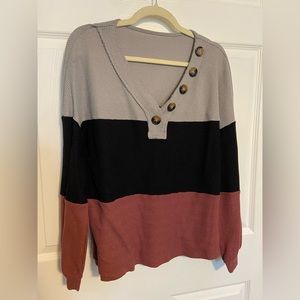 Zulily Yokodea Black Color Block Button-Accent V-Neck Sweater - XL